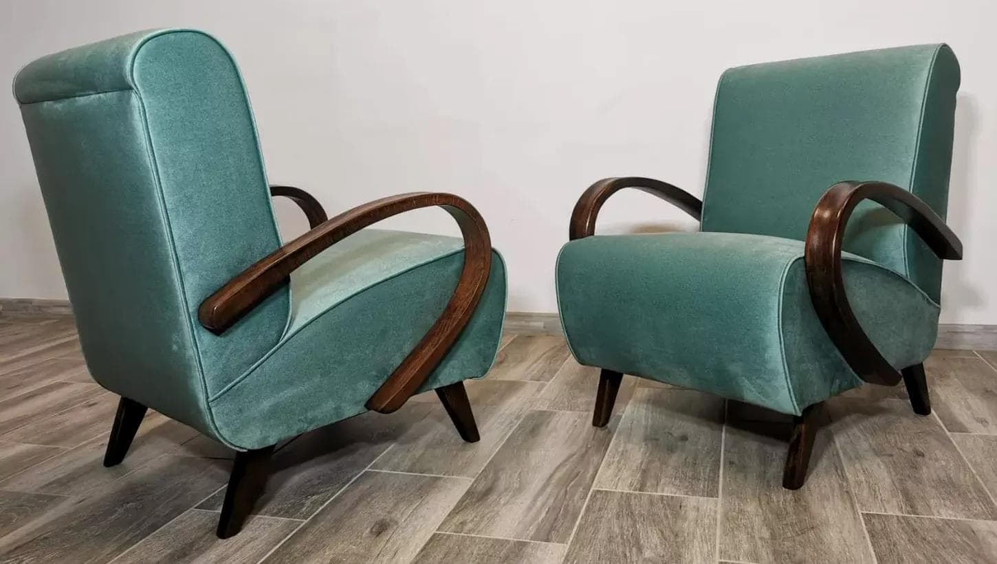 Pair of armchairs Art Deco, turquoise velvet, walnut wood, by J. Halabala, UP Závody, Czechoslovakia, 1960s. - 48766