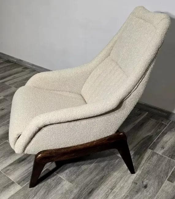 Armchair, ivory white bouclé, dark beech, Czechoslovakia, 1960s. - 48759