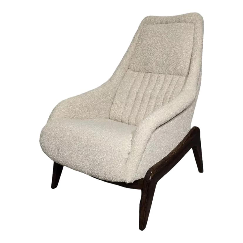 Armchair, ivory white bouclé, dark beech, Czechoslovakia, 1960s.