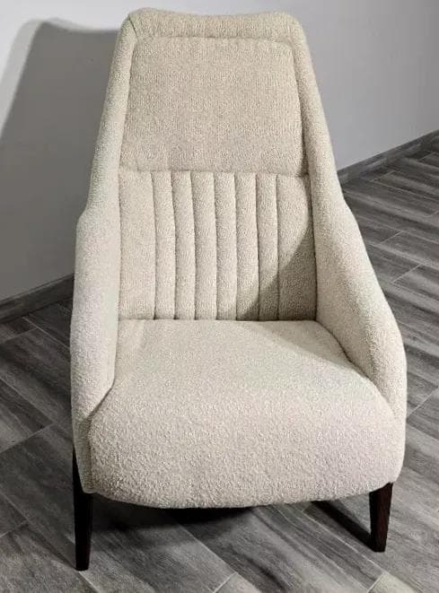 Armchair, ivory white bouclé, dark beech, Czechoslovakia, 1960s. - 48758