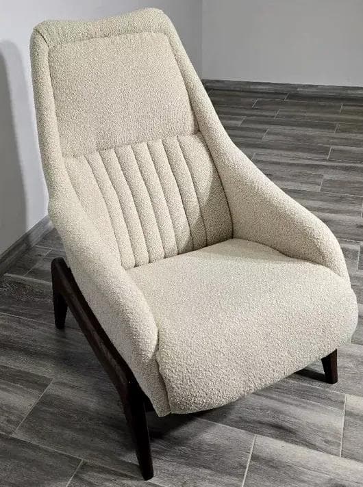 Armchair, ivory white bouclé, dark beech, Czechoslovakia, 1960s. - 48757