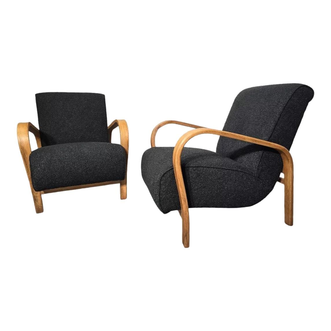 Pair of armchairs, honey oak, black upholstery, by K. Koželka, A. Kropáček, Interier Praha, Czechoslovakia, 1940s.