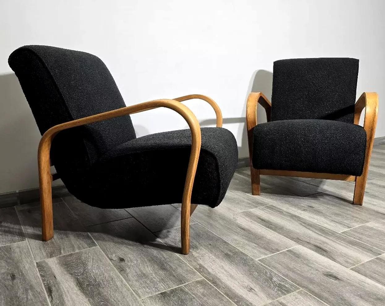 Pair of armchairs, honey oak, black upholstery, by K. Koželka, A. Kropáček, Interier Praha, Czechoslovakia, 1940s. - 48753