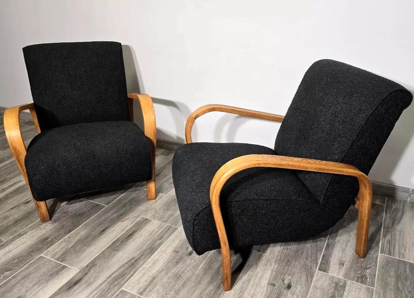 Pair of armchairs, honey oak, black upholstery, by K. Koželka, A. Kropáček, Interier Praha, Czechoslovakia, 1940s. - 48755