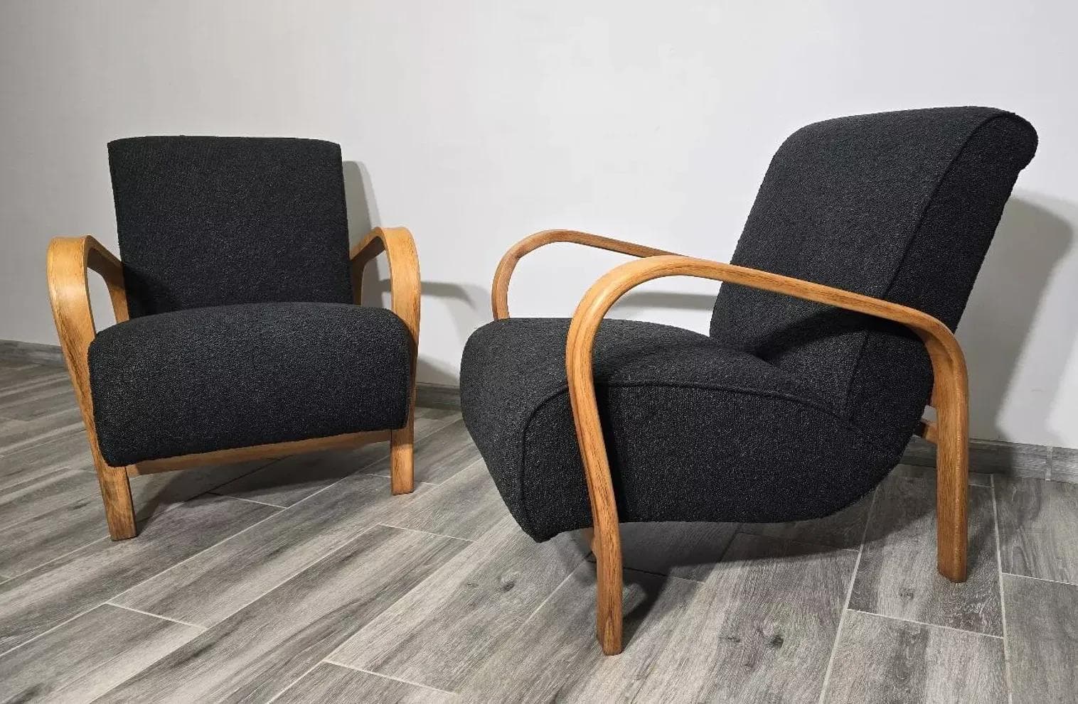 Pair of armchairs, honey oak, black upholstery, by K. Koželka, A. Kropáček, Interier Praha, Czechoslovakia, 1940s. - 48754