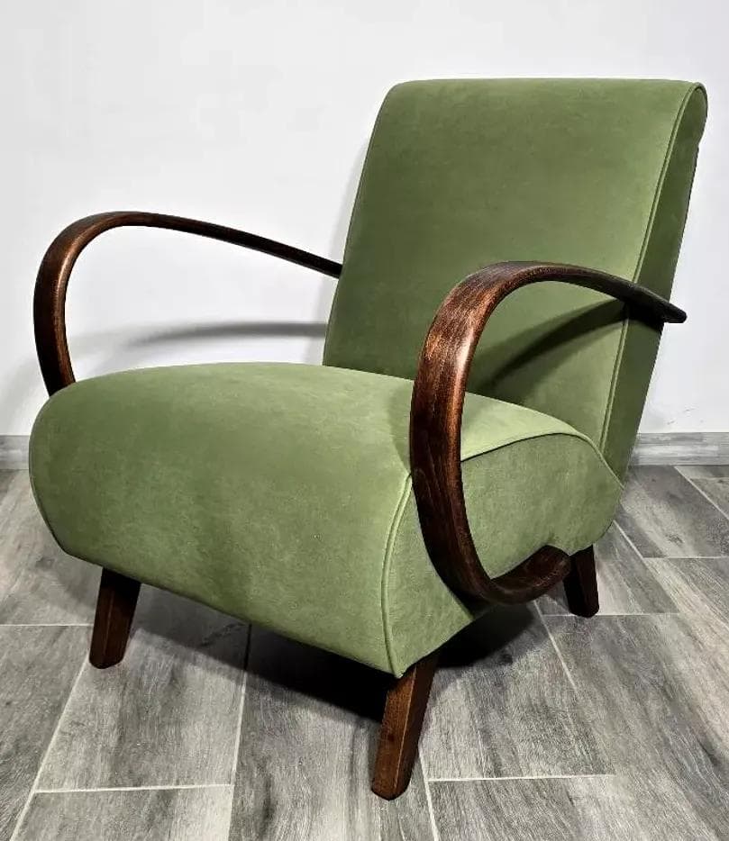 Armchair H 410, olive velvet, dark wood, by J. Halabala, UP Závody, Czechoslovakia, 1950s. - 48751