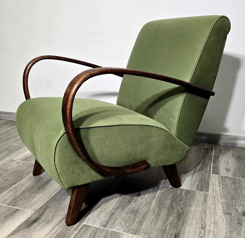 Armchair H 410, olive velvet, dark wood, by J. Halabala, UP Závody, Czechoslovakia, 1950s. - 48750
