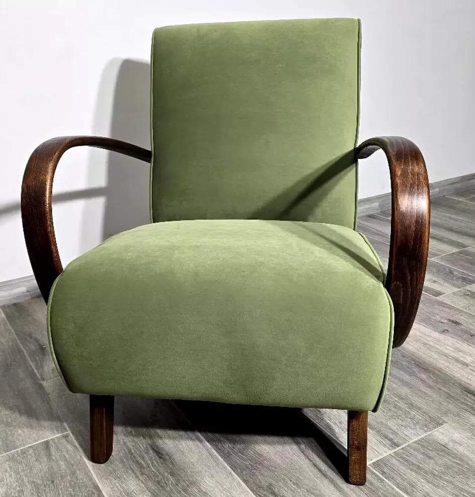 Armchair H 410, olive velvet, dark wood, by J. Halabala, UP Závody, Czechoslovakia, 1950s. - 48749