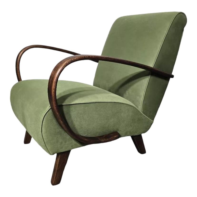 Armchair H 410, olive velvet, dark wood, by J. Halabala, UP Závody, Czechoslovakia, 1950s.