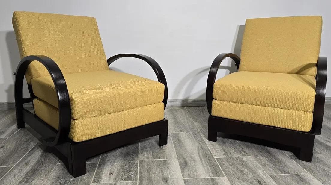 Pair of armchairs Art Deco, yellow, wood, by J. Halabala, UP Závody, Czechoslovakia, 1960s. - 48742