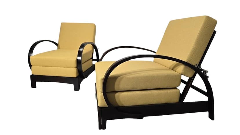Pair of armchairs Art Deco, yellow, wood, by J. Halabala, UP Závody, Czechoslovakia, 1960s.