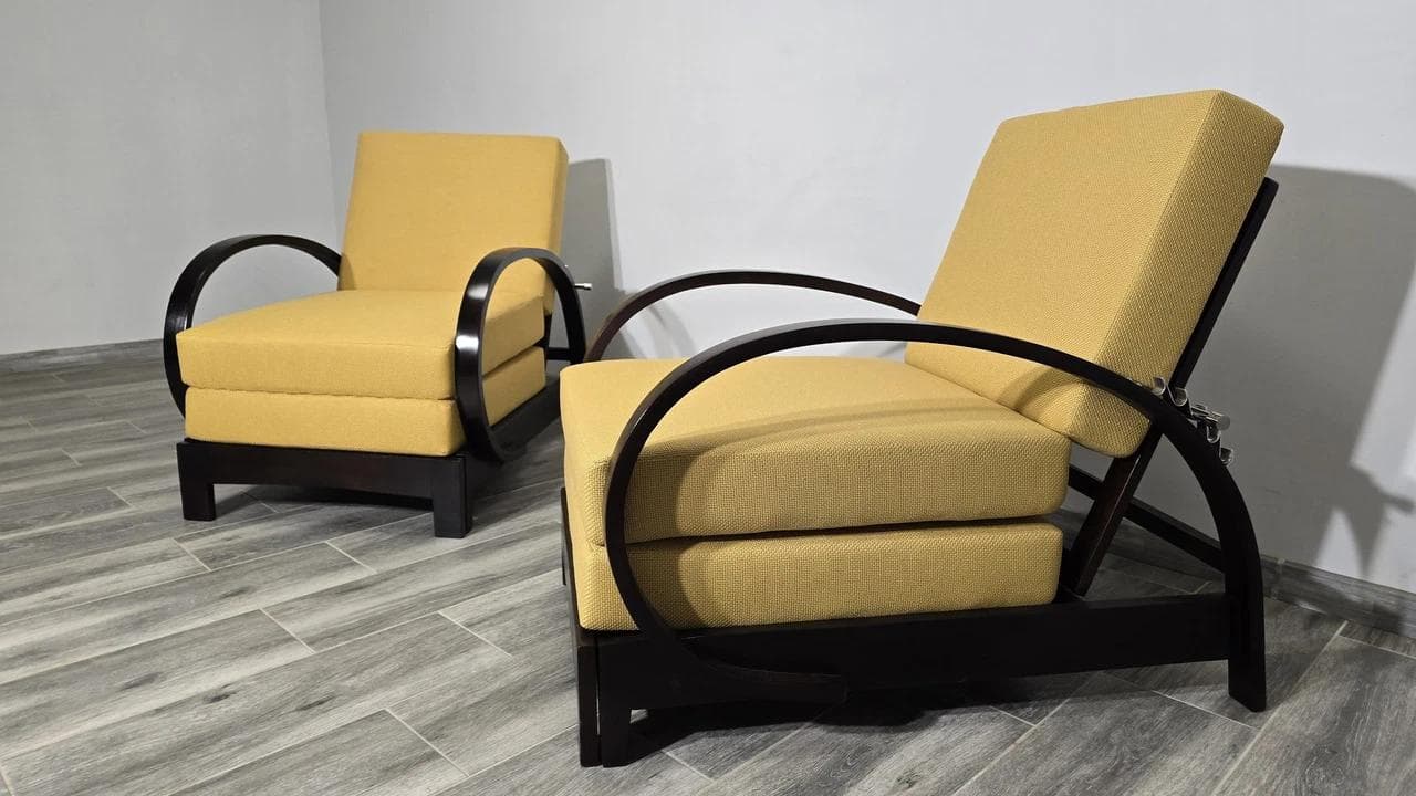 Pair of armchairs Art Deco, yellow, wood, by J. Halabala, UP Závody, Czechoslovakia, 1960s. - 48741