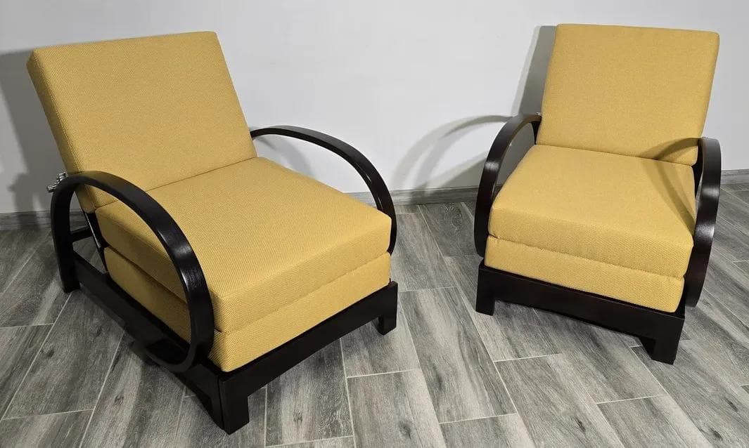 Pair of armchairs Art Deco, yellow, wood, by J. Halabala, UP Závody, Czechoslovakia, 1960s. - 48743
