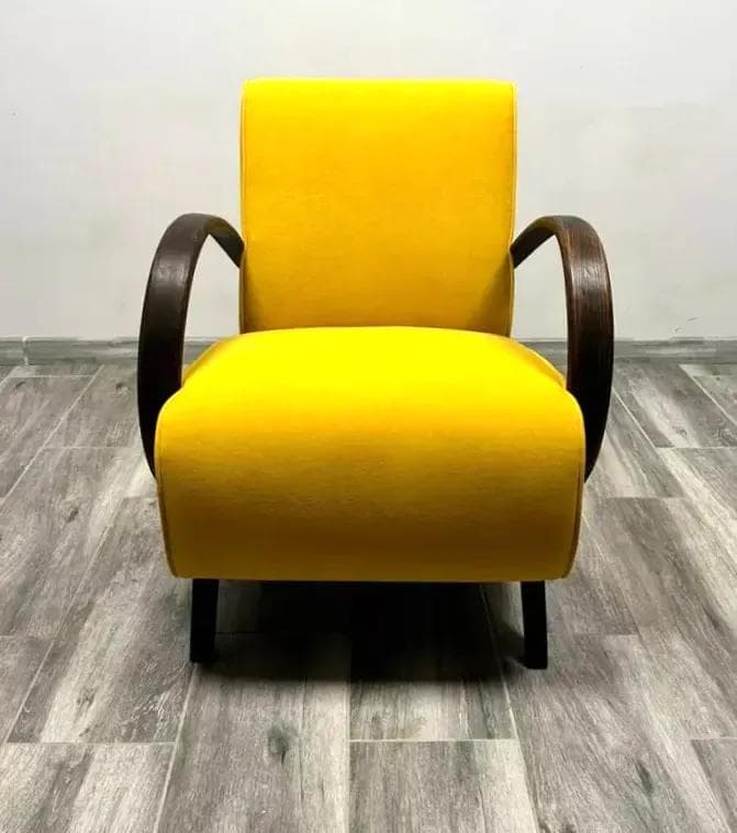 Armchair H 410, yellow, wood, by J. Halabala, UP Závody, Czechoslovakia, 1950s. - 48738
