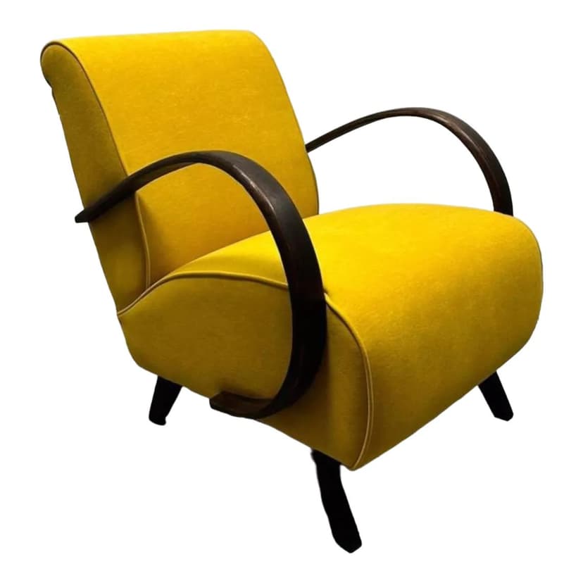 Armchair H 410, yellow, wood, by J. Halabala, UP Závody, Czechoslovakia, 1950s.