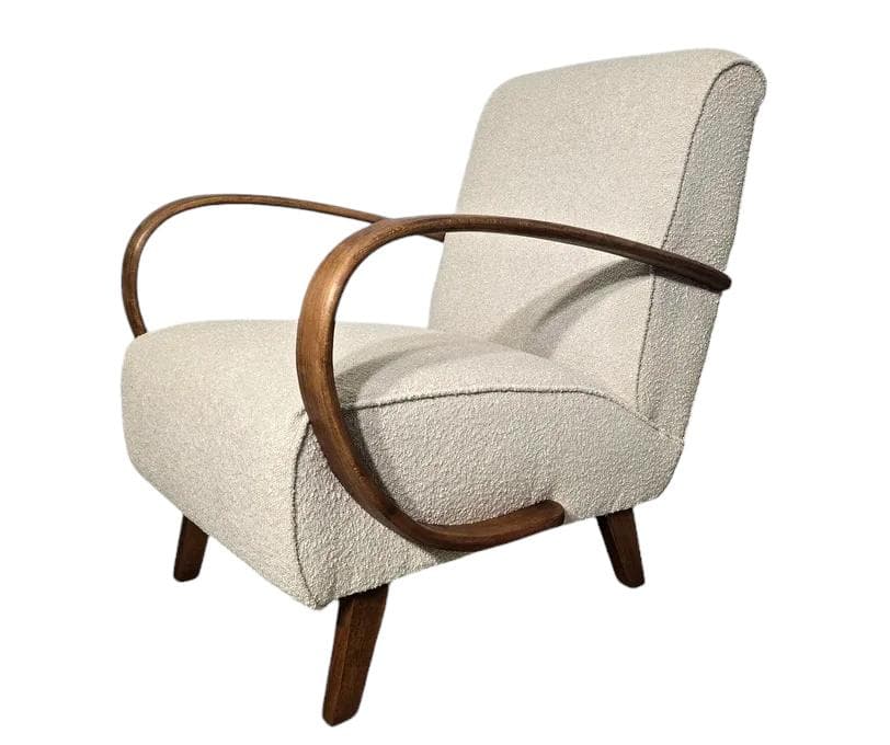 Armchair H 410, beige bouclé, dark wood, by J. Halabala, UP Závody, Czechoslovakia, 1950s.