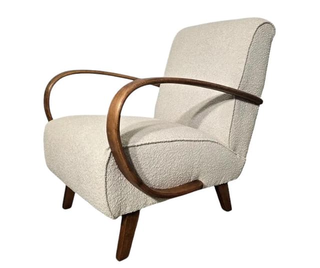 Armchair H 410, beige bouclé, dark wood, by J. Halabala, UP Závody, Czechoslovakia, 1950s. - DIMENSION