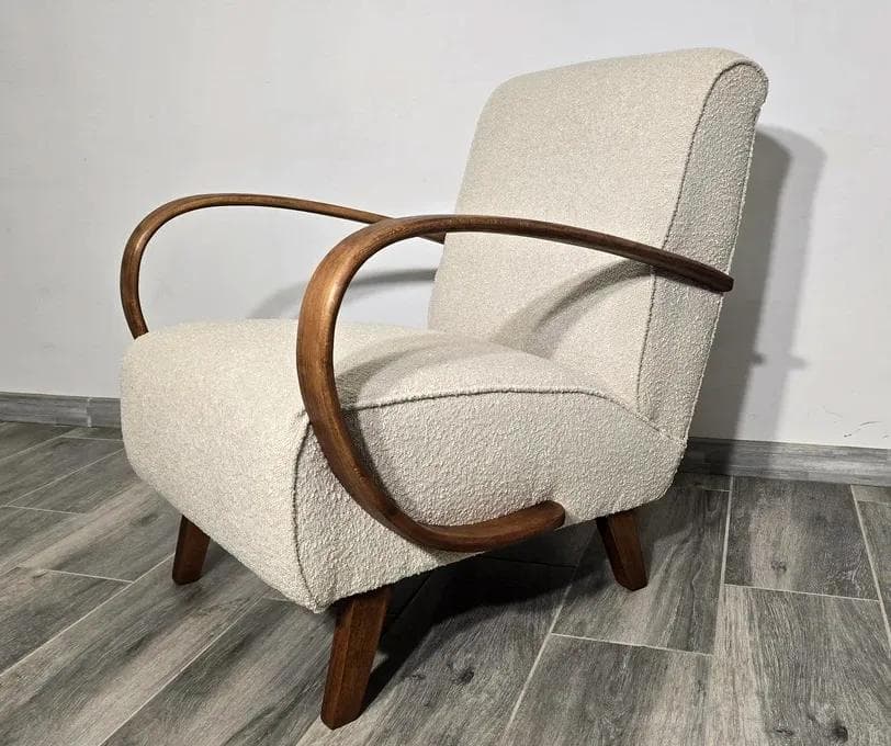 Armchair H 410, beige bouclé, dark wood, by J. Halabala, UP Závody, Czechoslovakia, 1950s. - 48733