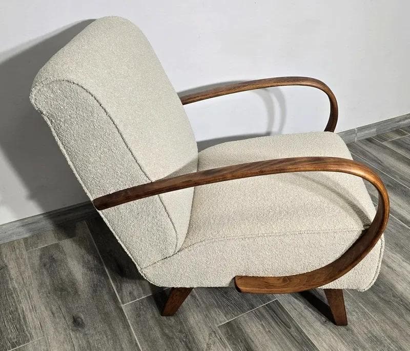 Armchair H 410, beige bouclé, dark wood, by J. Halabala, UP Závody, Czechoslovakia, 1950s. - 48735