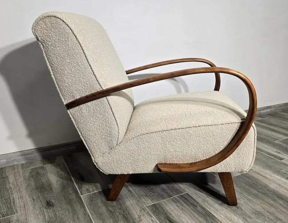 Armchair H 410, beige bouclé, dark wood, by J. Halabala, UP Závody, Czechoslovakia, 1950s. - 48734