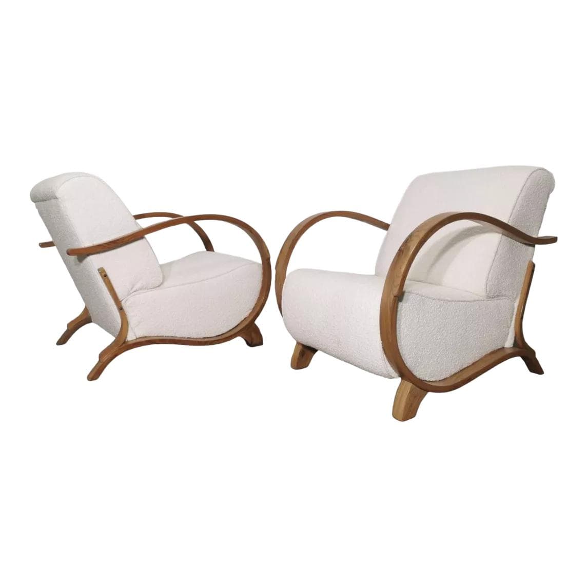 Pair of armchairs, honey wood, ivory bouclé, by J. Halabala, UP Závody, Czechoslovakia, 1960s.