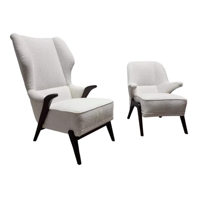 Pair of armchairs, ivory white bouclé, dark wood, Czechoslovakia, 1960s. - DIMENSION