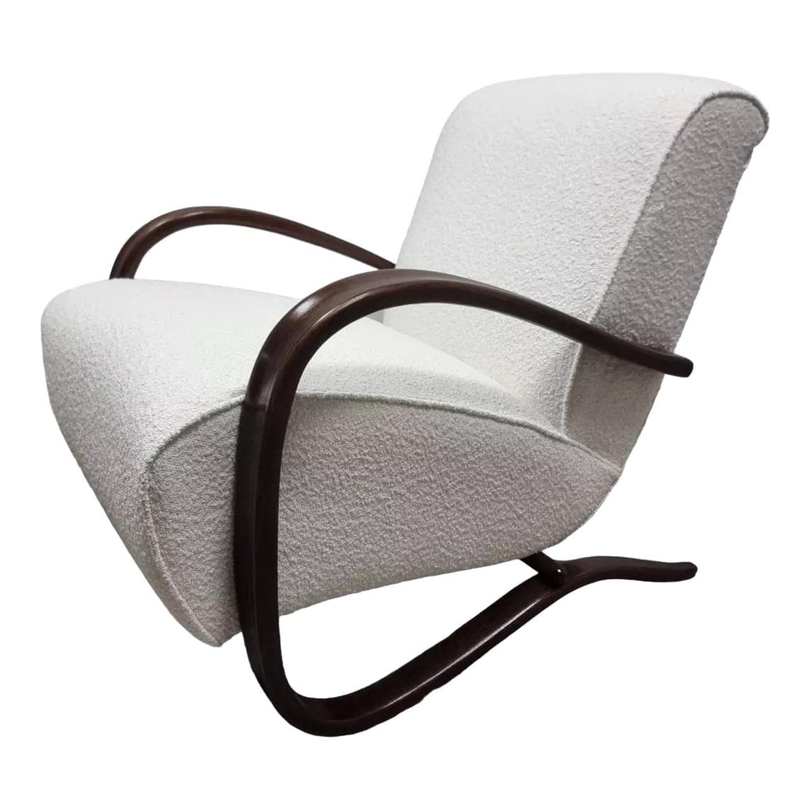 Armchair H-269, white bouclé, venge wood, by J. Halabala, UP Závody, Czechoslovakia, 1930s.
