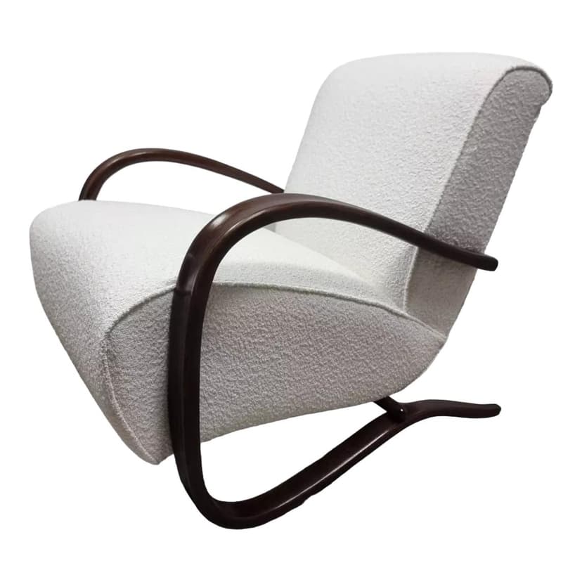 Armchair H-269, white bouclé, venge wood, by J. Halabala, UP Závody, Czechoslovakia, 1930s.