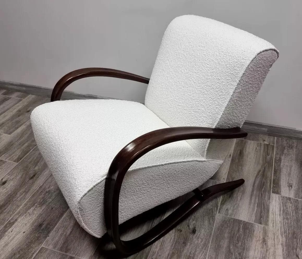 Armchair H-269, white bouclé, venge wood, by J. Halabala, UP Závody, Czechoslovakia, 1930s. - 48706
