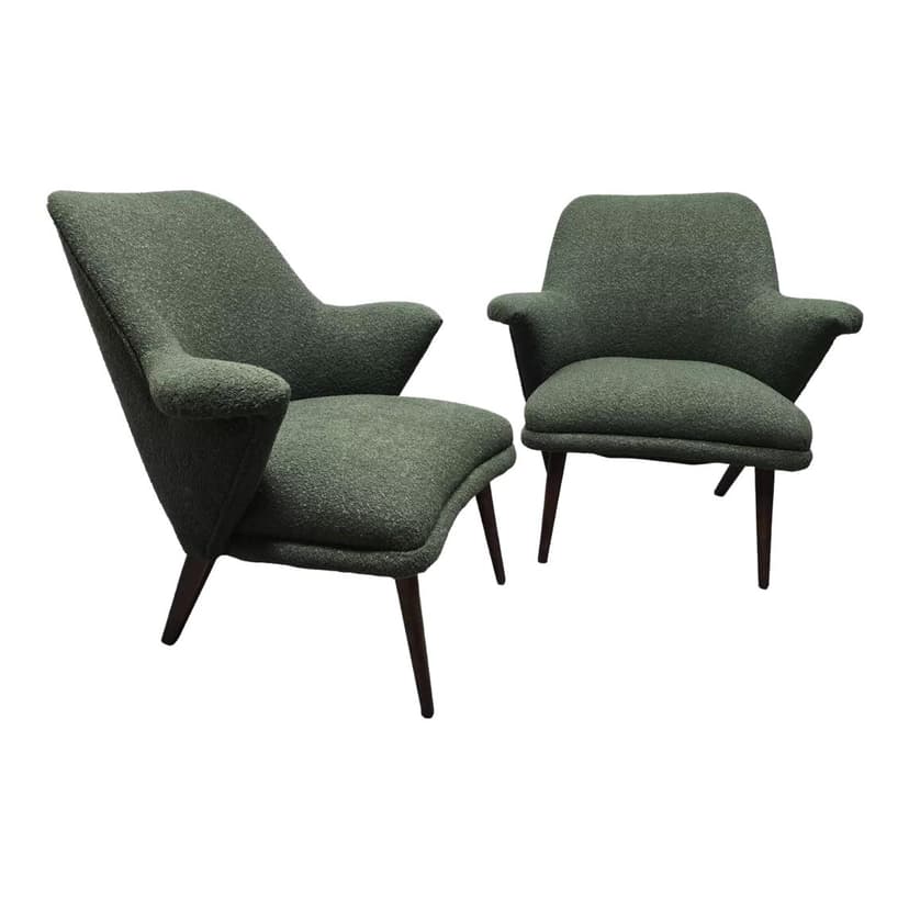 Pair of armchairs, olive, bouclé, dark wood, Poland, 1960s.
