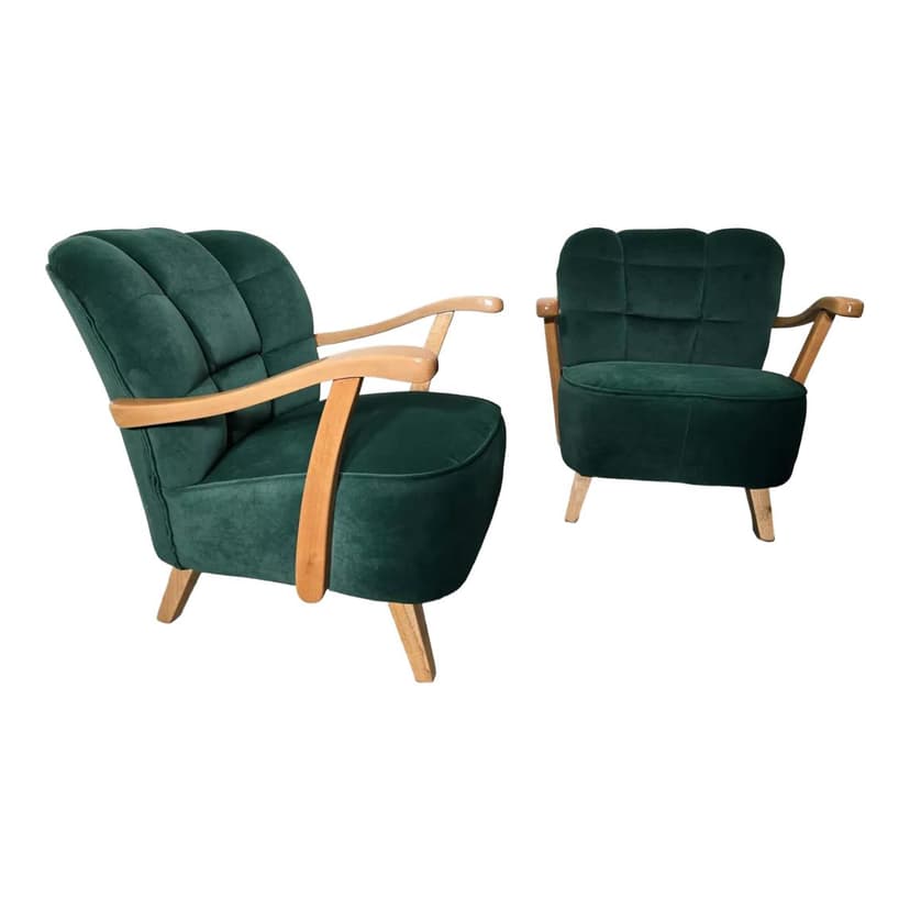 Pair of armchairs, green velvet, light wood, Czechoslovakia, 1960s.