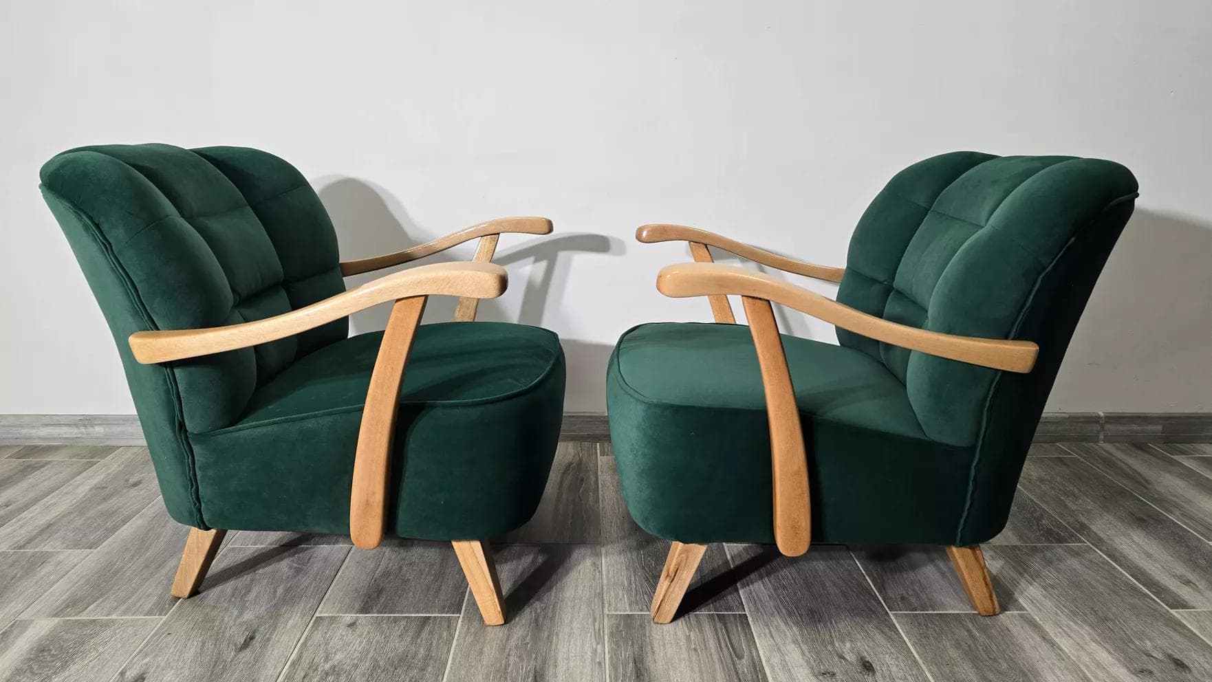 Pair of armchairs, green velvet, light wood, Czechoslovakia, 1960s. - 48691