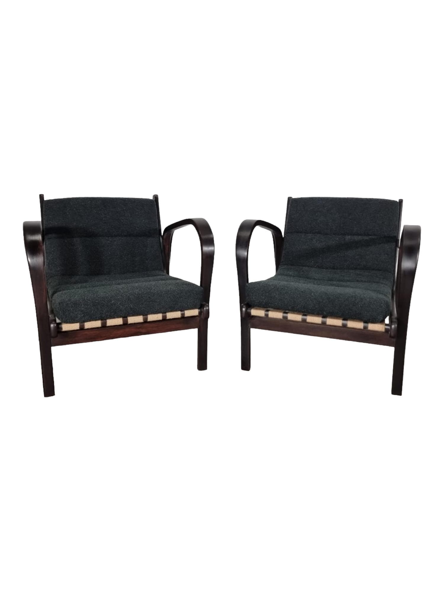 Para foteli, antracytowa wełna, drewno ciemnobrązowe, proj. A. Kropáček, K. Kozelka, Czechosłowacja, lata 40.