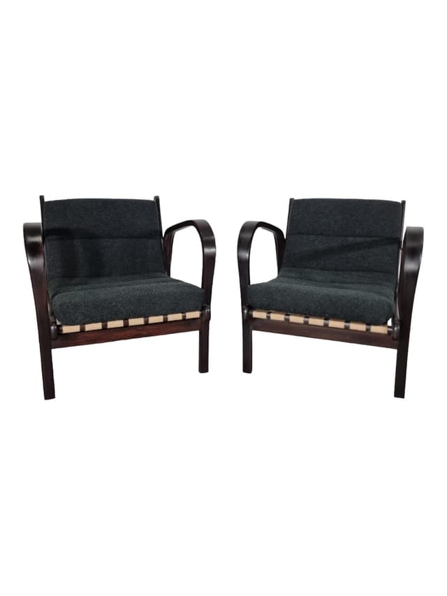 Para foteli, antracytowa wełna, drewno ciemnobrązowe, proj. A. Kropáček, K. Kozelka, Czechosłowacja, lata 40. - WYMIARY