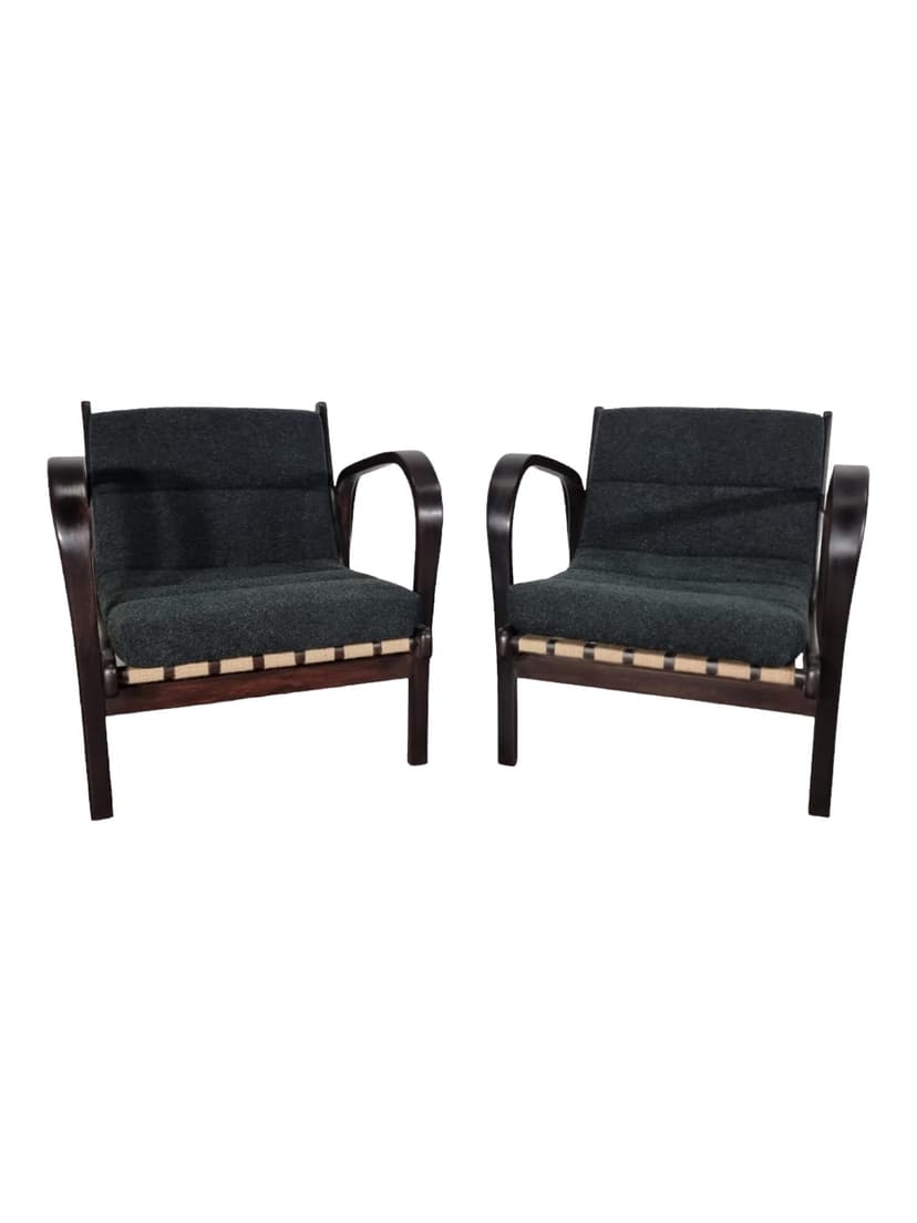 Para foteli, antracytowa wełna, drewno ciemnobrązowe, proj. A. Kropáček, K. Kozelka, Czechosłowacja, lata 40.