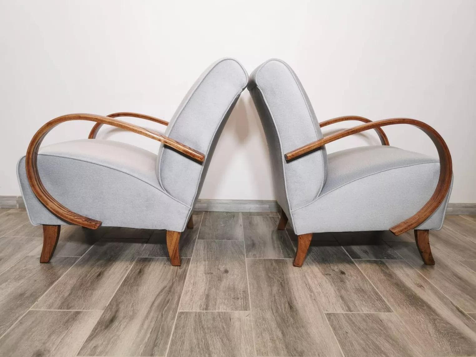 Pair of armchairs, grey velvet, wood, by J. Halabala, UP Závody, Czechoslovakia, 1960s. - 48675