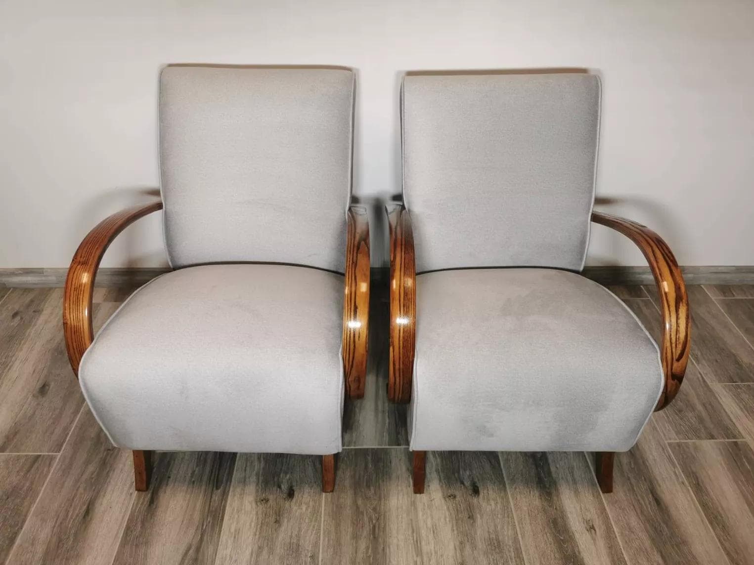 Pair of armchairs, grey velvet, wood, by J. Halabala, UP Závody, Czechoslovakia, 1960s. - 48673