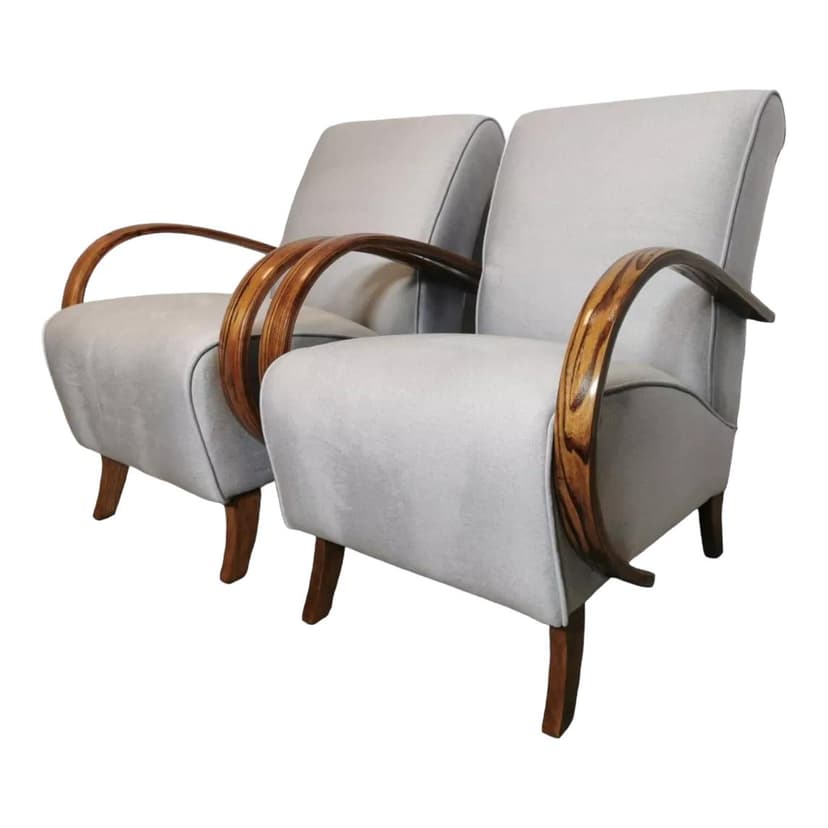 Pair of armchairs, grey velvet, wood, by J. Halabala, UP Závody, Czechoslovakia, 1960s.