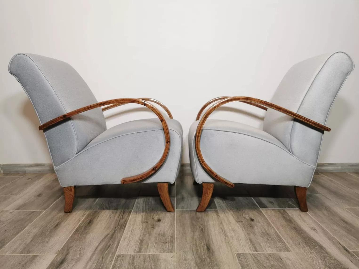 Pair of armchairs, grey velvet, wood, by J. Halabala, UP Závody, Czechoslovakia, 1960s. - 48674