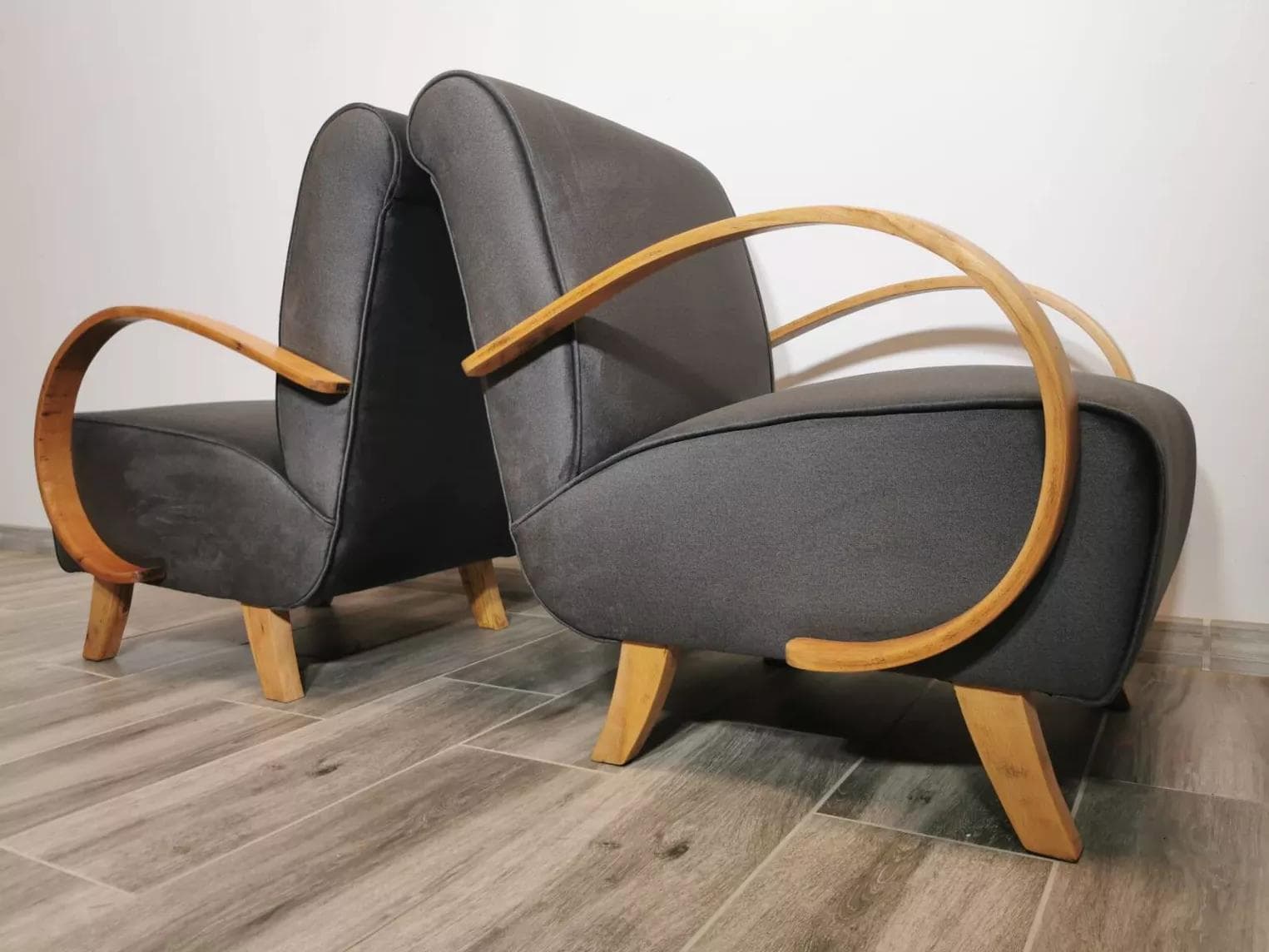 Pair of armchairs, grey velvet, light wood, by J. Halabala, UP Závody, Czechoslovakia, 1960s. - 48671
