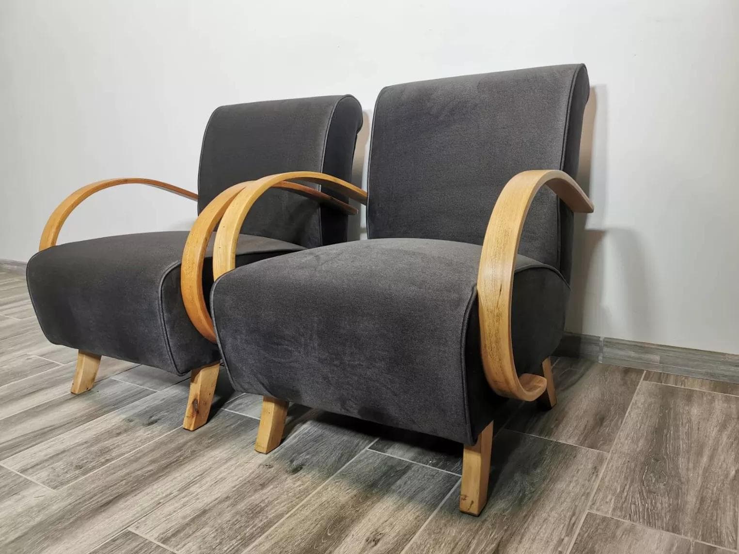 Pair of armchairs, grey velvet, light wood, by J. Halabala, UP Závody, Czechoslovakia, 1960s. - 48669