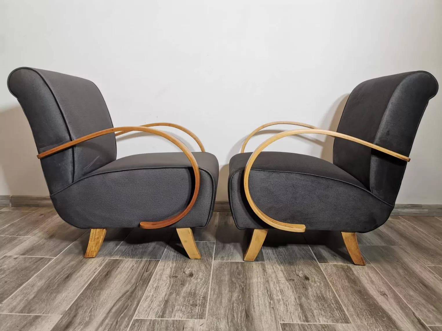 Pair of armchairs, grey velvet, light wood, by J. Halabala, UP Závody, Czechoslovakia, 1960s. - 48670