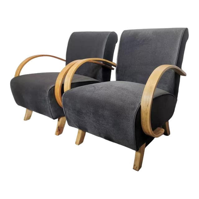 Pair of armchairs, grey velvet, light wood, by J. Halabala, UP Závody, Czechoslovakia, 1960s. - DIMENSION