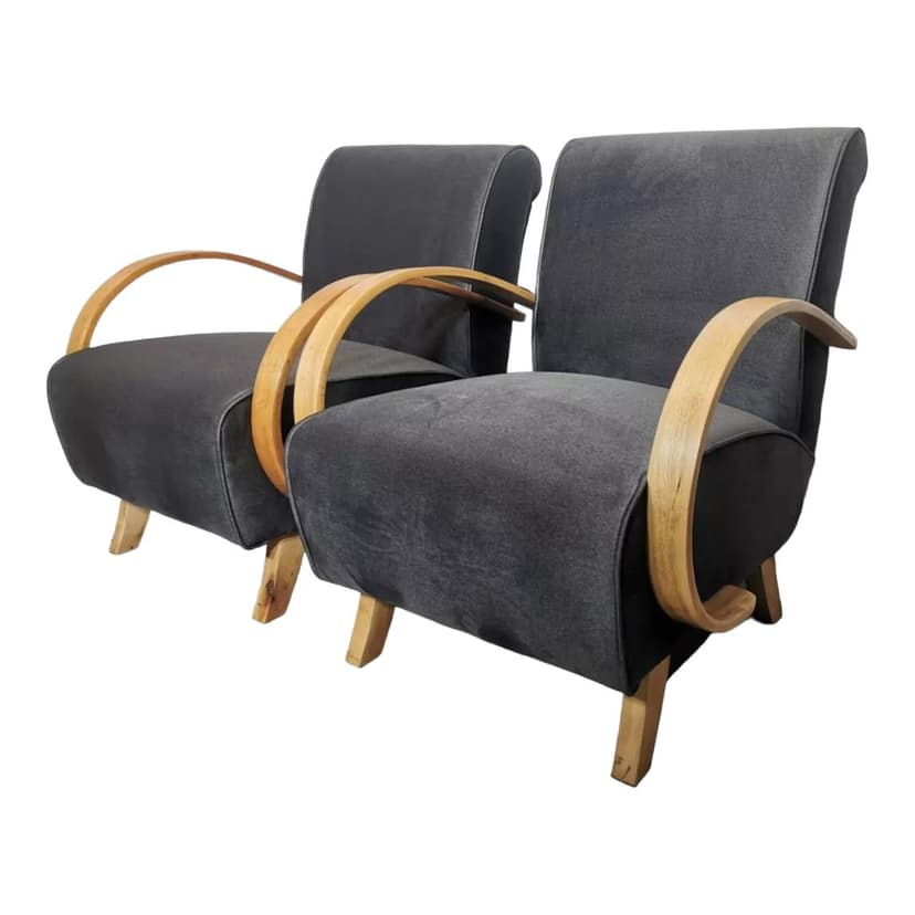 Pair of armchairs, grey velvet, light wood, by J. Halabala, UP Závody, Czechoslovakia, 1960s.