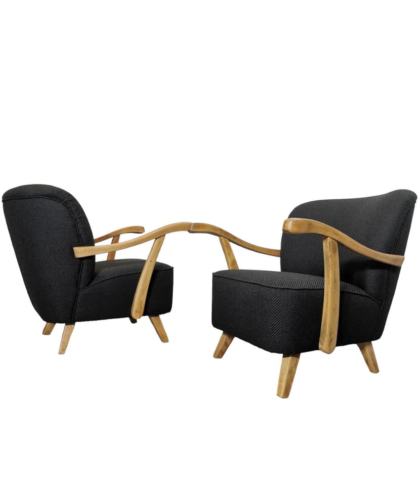 Pair of armchairs, black, wood, Czechoslovakia, 1960s.