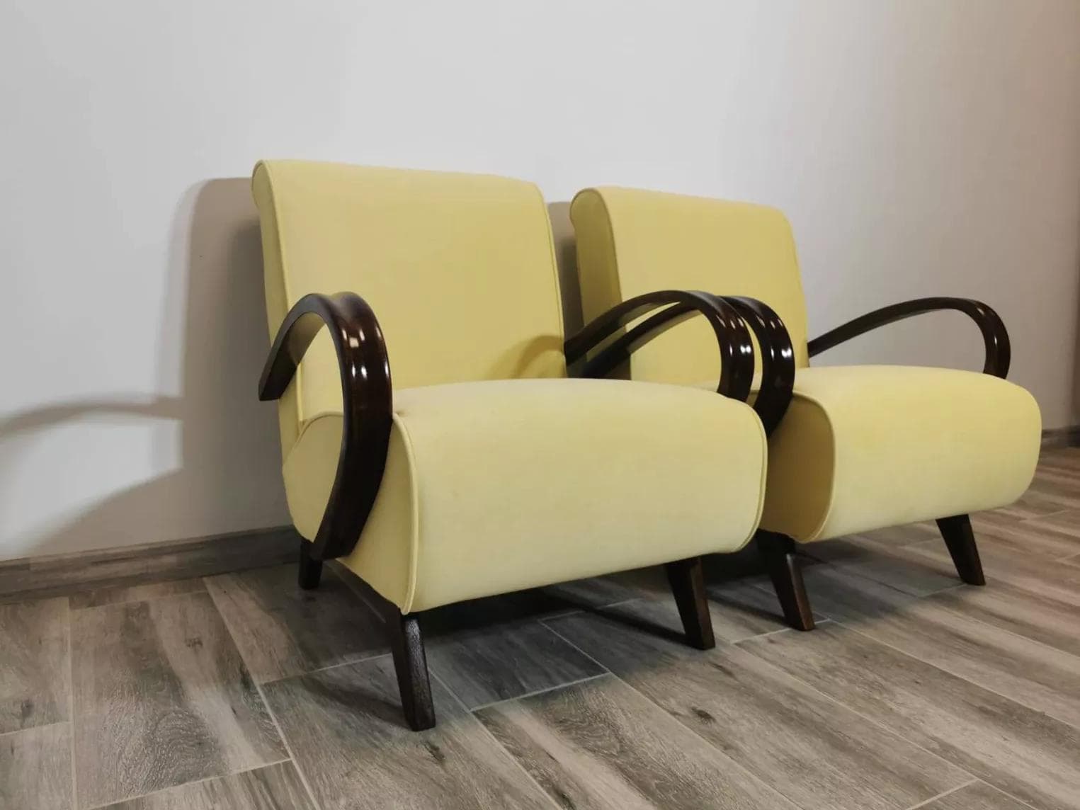 Pair of armchairs, ivory white fabric, dark wood, by J. Halabala, UP Závody, Czechoslovakia, 1960s. - 48659
