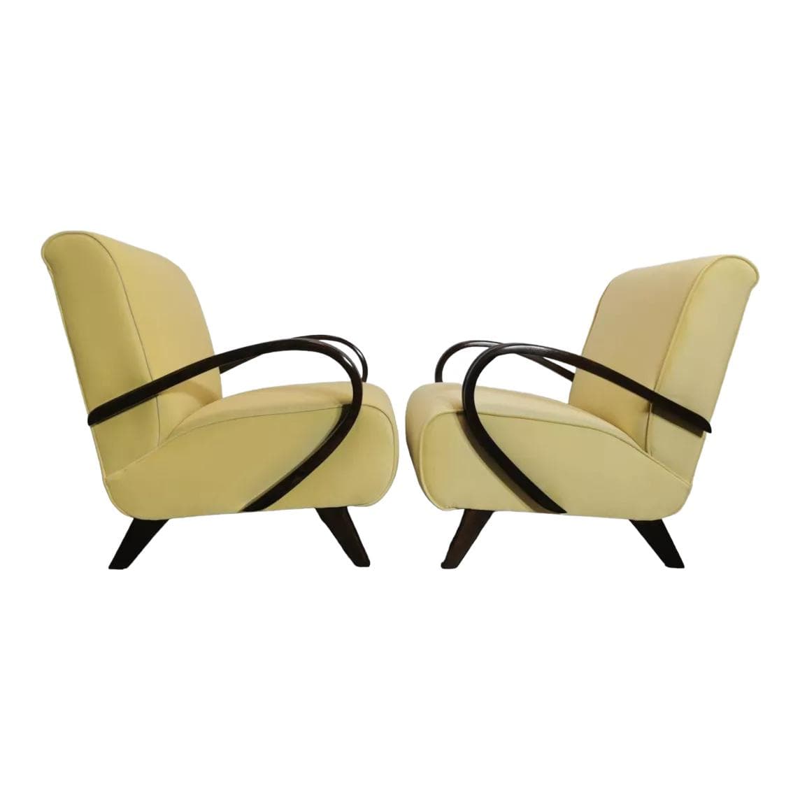Pair of armchairs, ivory white fabric, dark wood, by J. Halabala, UP Závody, Czechoslovakia, 1960s.