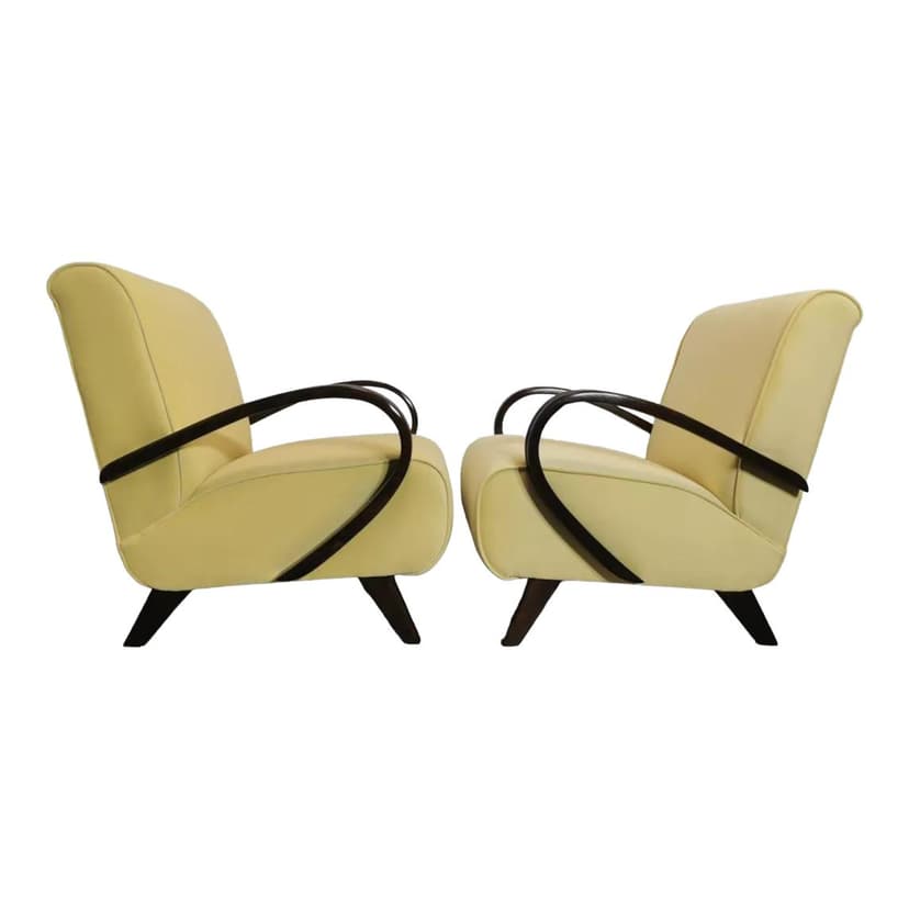 Pair of armchairs, ivory white fabric, dark wood, by J. Halabala, UP Závody, Czechoslovakia, 1960s.