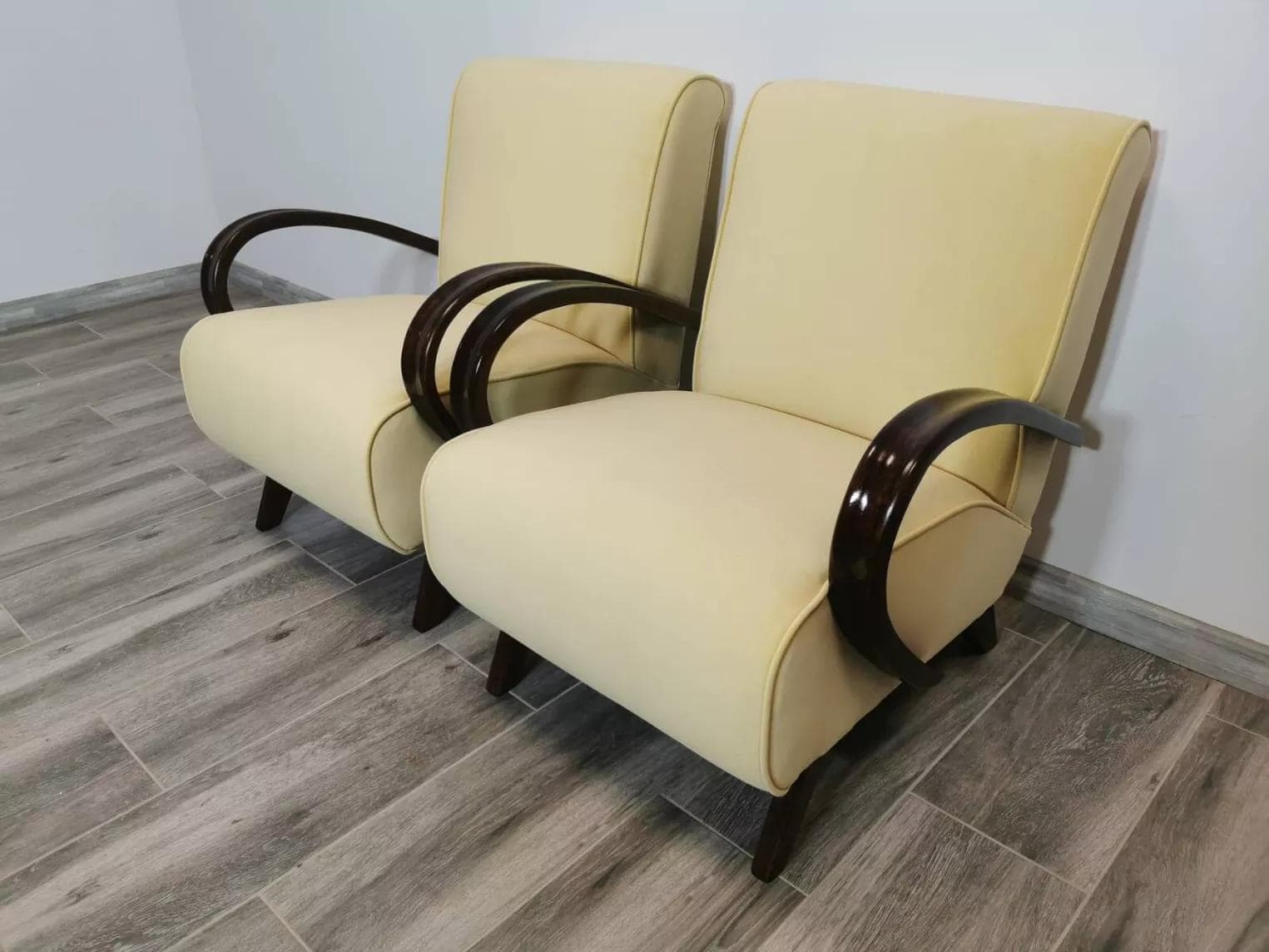 Pair of armchairs, ivory white fabric, dark wood, by J. Halabala, UP Závody, Czechoslovakia, 1960s. - 48657
