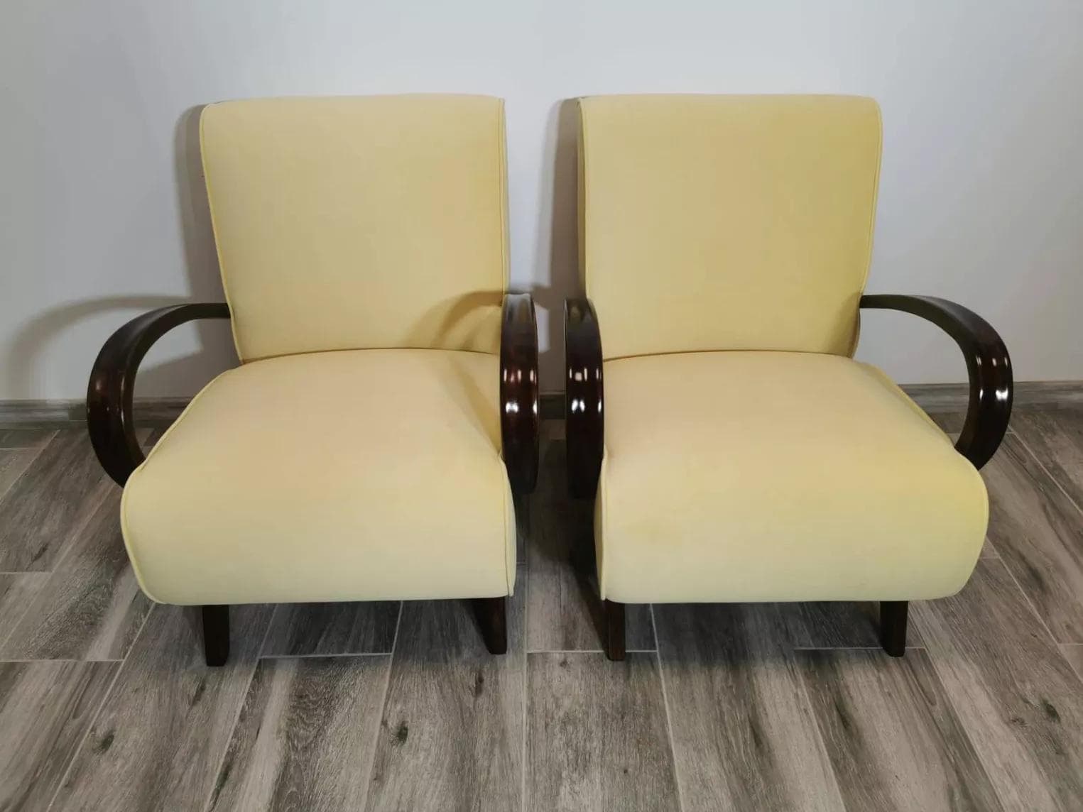 Pair of armchairs, ivory white fabric, dark wood, by J. Halabala, UP Závody, Czechoslovakia, 1960s. - 48658